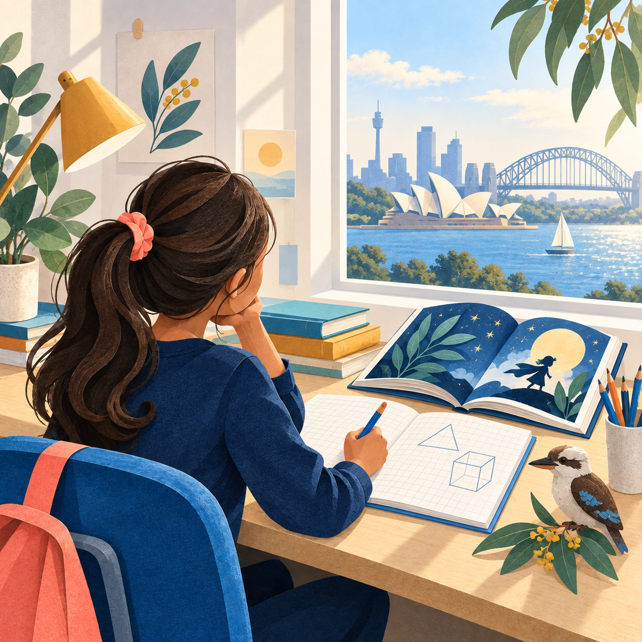 Melody learning beside a view of Sydney Harbour